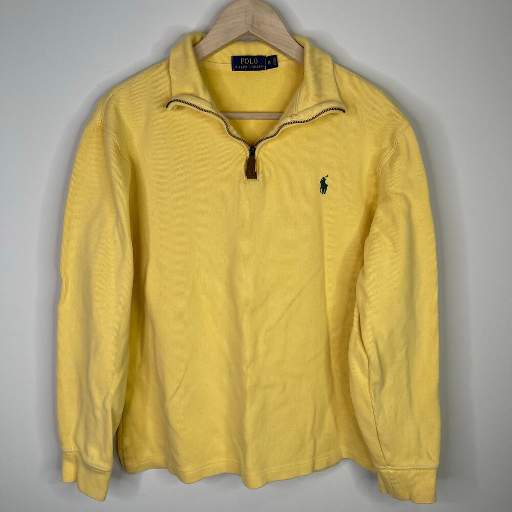 Ralph Lauren Yellow Knit Preppy Pullover 3/4 Zip Sweater Medium Cotton